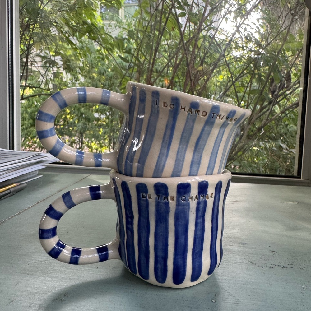 Blue and White Striped handmade pottery Mugs
